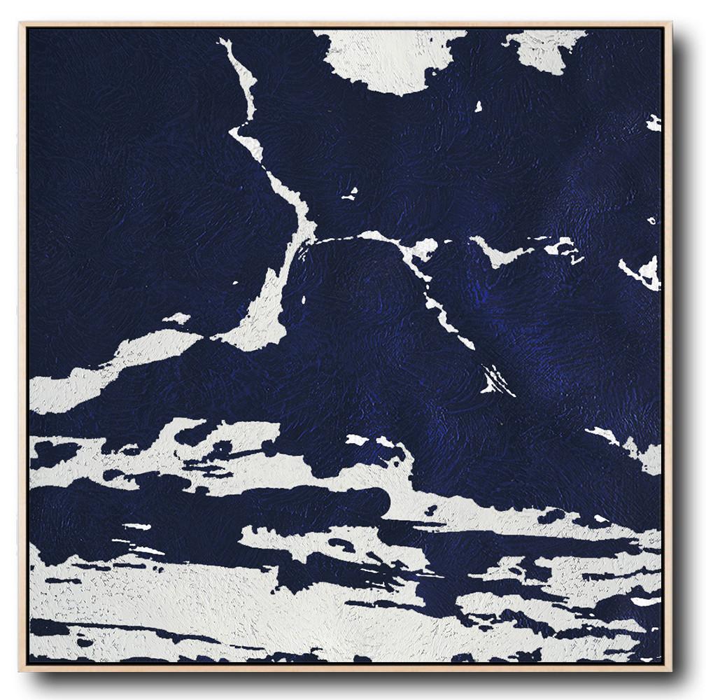 Hand-Painted Oversized Minimalist Navy Blue And White Painting - Original Art Online Large